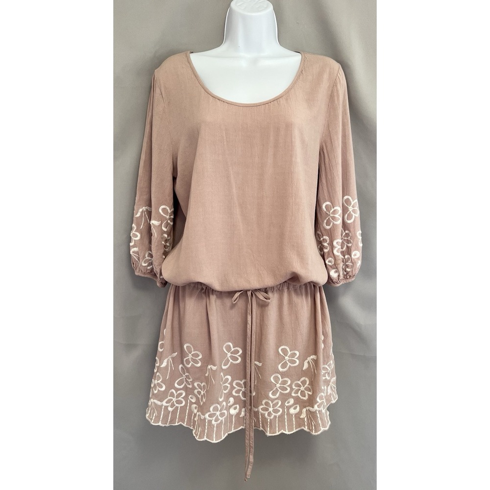 Women's Monoreno Pink‎ Floral Embroidered Bohemian Dress Sz Large Linen